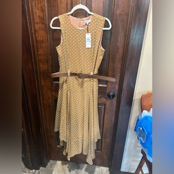 NWT Calvin Klein sleeveless midi dress. Size 8. Tan w/ white dots - Picture 3 of 8